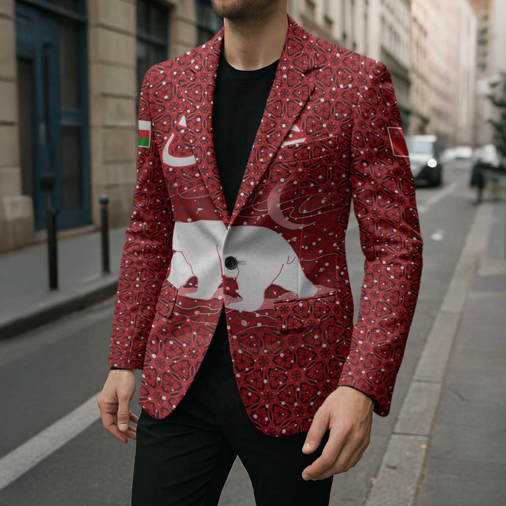 Oman Christmas Blazer with Red Geometric Design, White Oryx, and National Emblem Motif - Wonder Print Shop