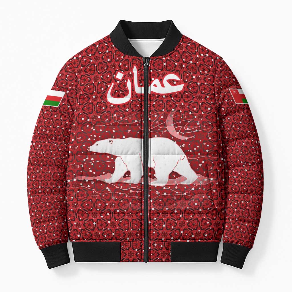 Oman Christmas Bomber Puffer Jacket with Red Geometric Design, White Oryx, and National Emblem Motif - Wonder Print Shop