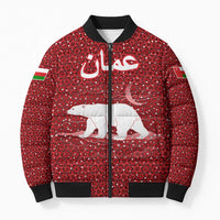 Oman Christmas Bomber Puffer Jacket with Red Geometric Design, White Oryx, and National Emblem Motif - Wonder Print Shop
