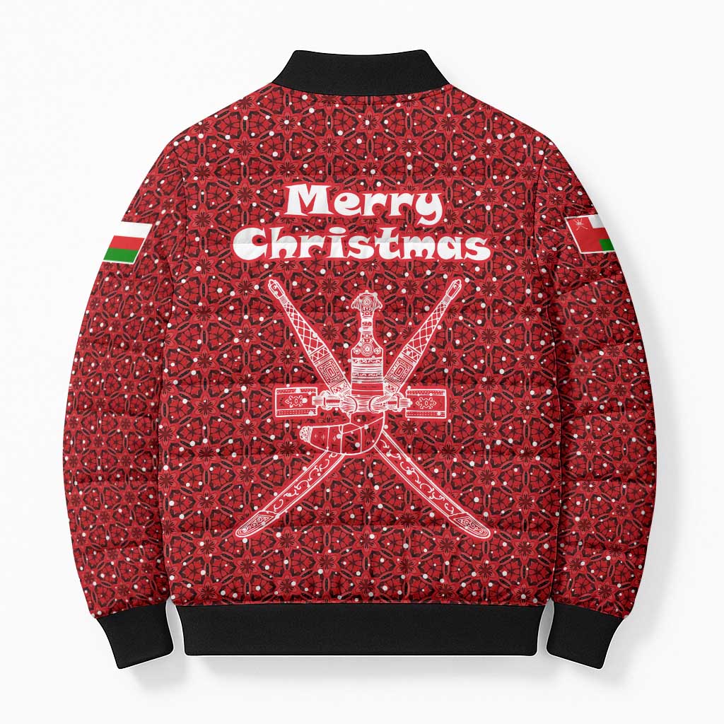 Oman Christmas Bomber Puffer Jacket with Red Geometric Design, White Oryx, and National Emblem Motif - Wonder Print Shop