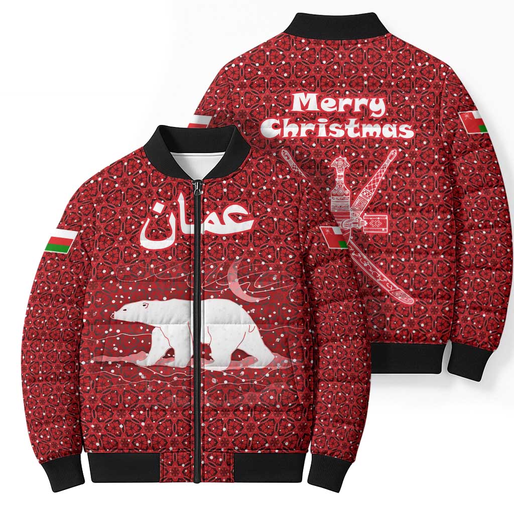 Oman Christmas Bomber Puffer Jacket with Red Geometric Design, White Oryx, and National Emblem Motif - Wonder Print Shop