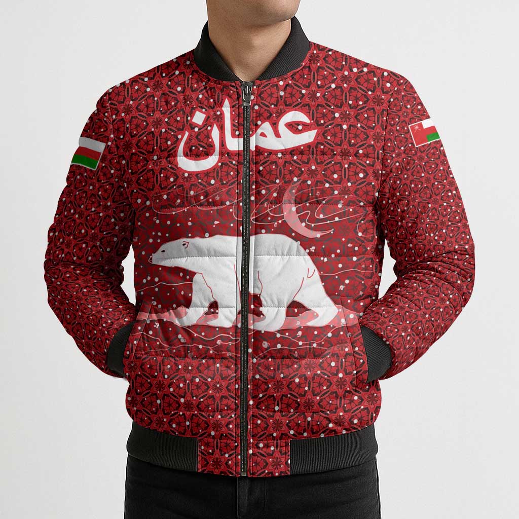 Oman Christmas Bomber Puffer Jacket with Red Geometric Design, White Oryx, and National Emblem Motif - Wonder Print Shop