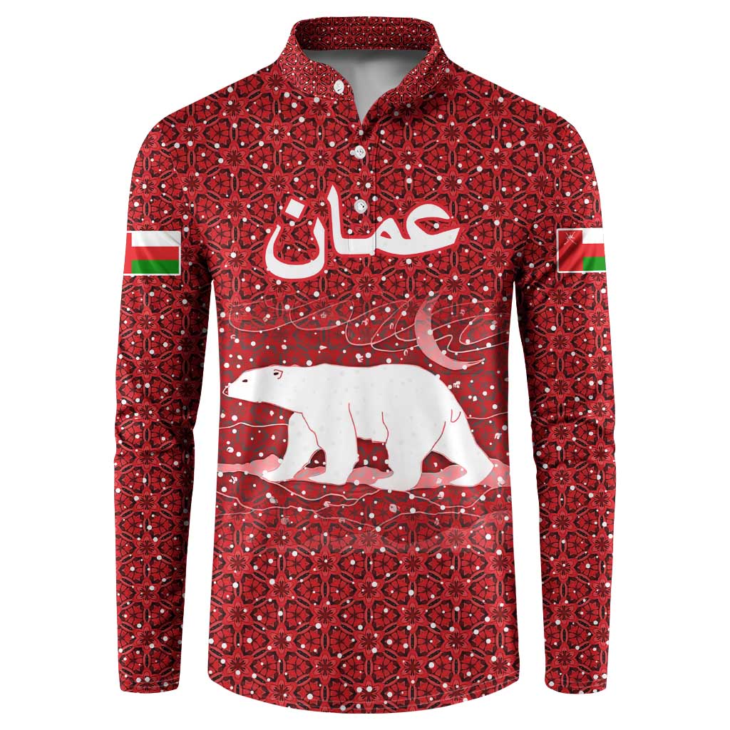 Oman Christmas Button Sweatshirt with Red Geometric Design, White Oryx, and National Emblem Motif - Wonder Print Shop