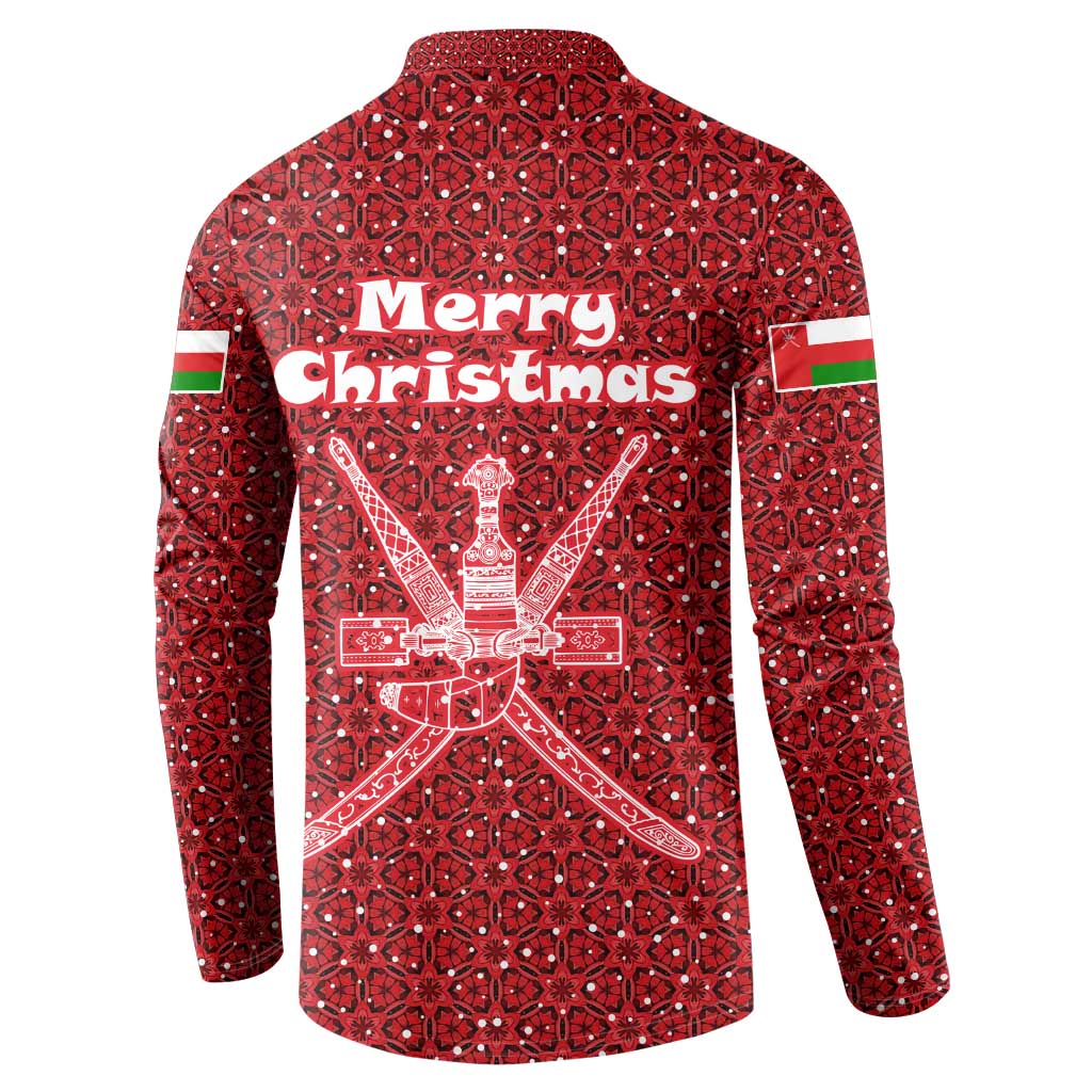 Oman Christmas Button Sweatshirt with Red Geometric Design, White Oryx, and National Emblem Motif - Wonder Print Shop