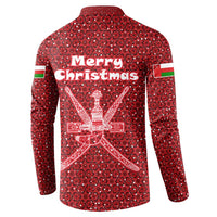 Oman Christmas Button Sweatshirt with Red Geometric Design, White Oryx, and National Emblem Motif - Wonder Print Shop