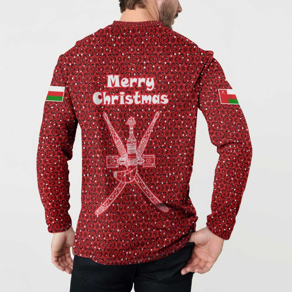 Oman Christmas Button Sweatshirt with Red Geometric Design, White Oryx, and National Emblem Motif - Wonder Print Shop