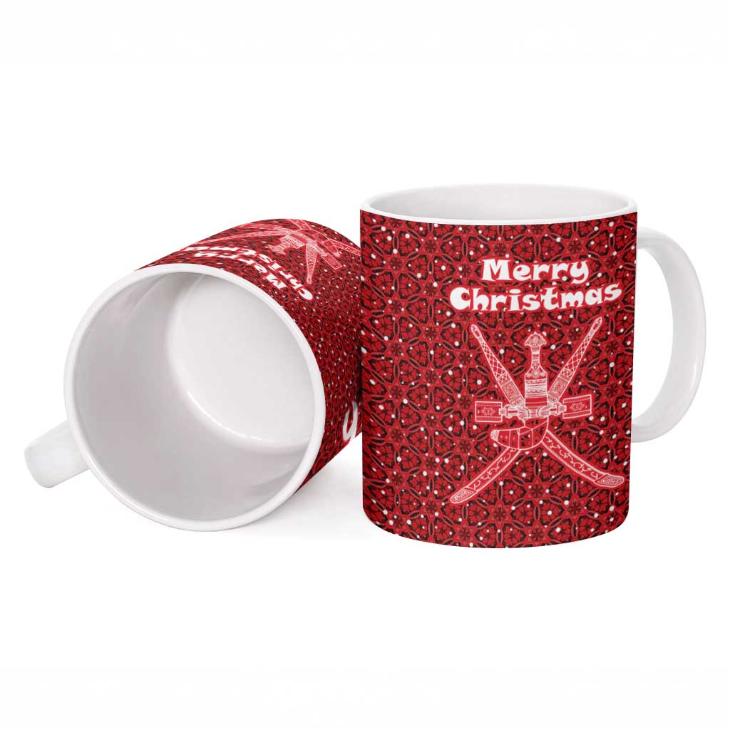 Oman Christmas Ceramic Mug with Red Geometric Design, White Oryx, and National Emblem Motif - Wonder Print Shop