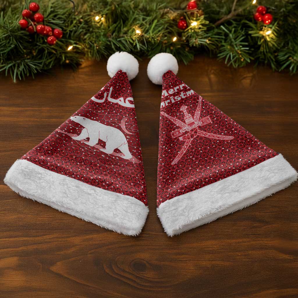 Oman Christmas Santa Hat with Red Geometric Design, White Oryx, and National Emblem Motif - Wonder Print Shop