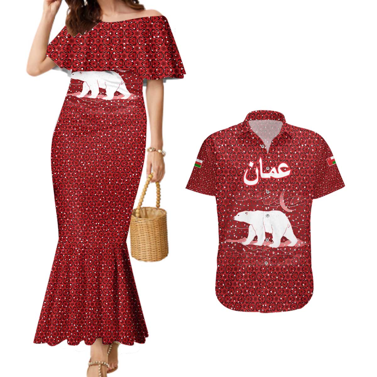 Oman Christmas Couples Matching Mermaid Dress and Hawaiian Shirt with Red Geometric Design, White Oryx, and National Emblem Motif - Wonder Print Shop