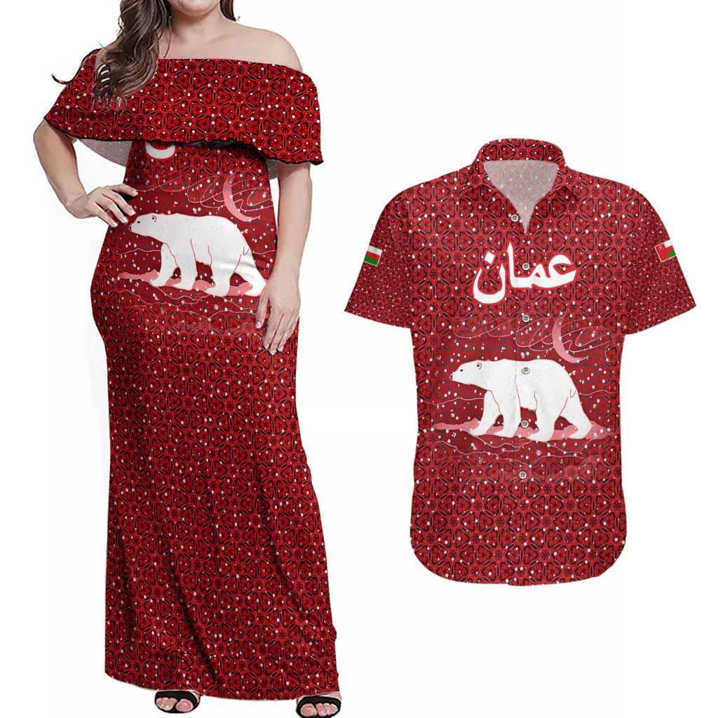 Oman Christmas Couples Matching Off Shoulder Maxi Dress and Hawaiian Shirt with Red Geometric Design, White Oryx, and National Emblem Motif - Wonder Print Shop