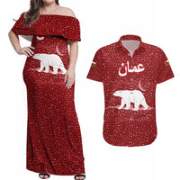 Oman Christmas Couples Matching Off Shoulder Maxi Dress and Hawaiian Shirt with Red Geometric Design, White Oryx, and National Emblem Motif - Wonder Print Shop