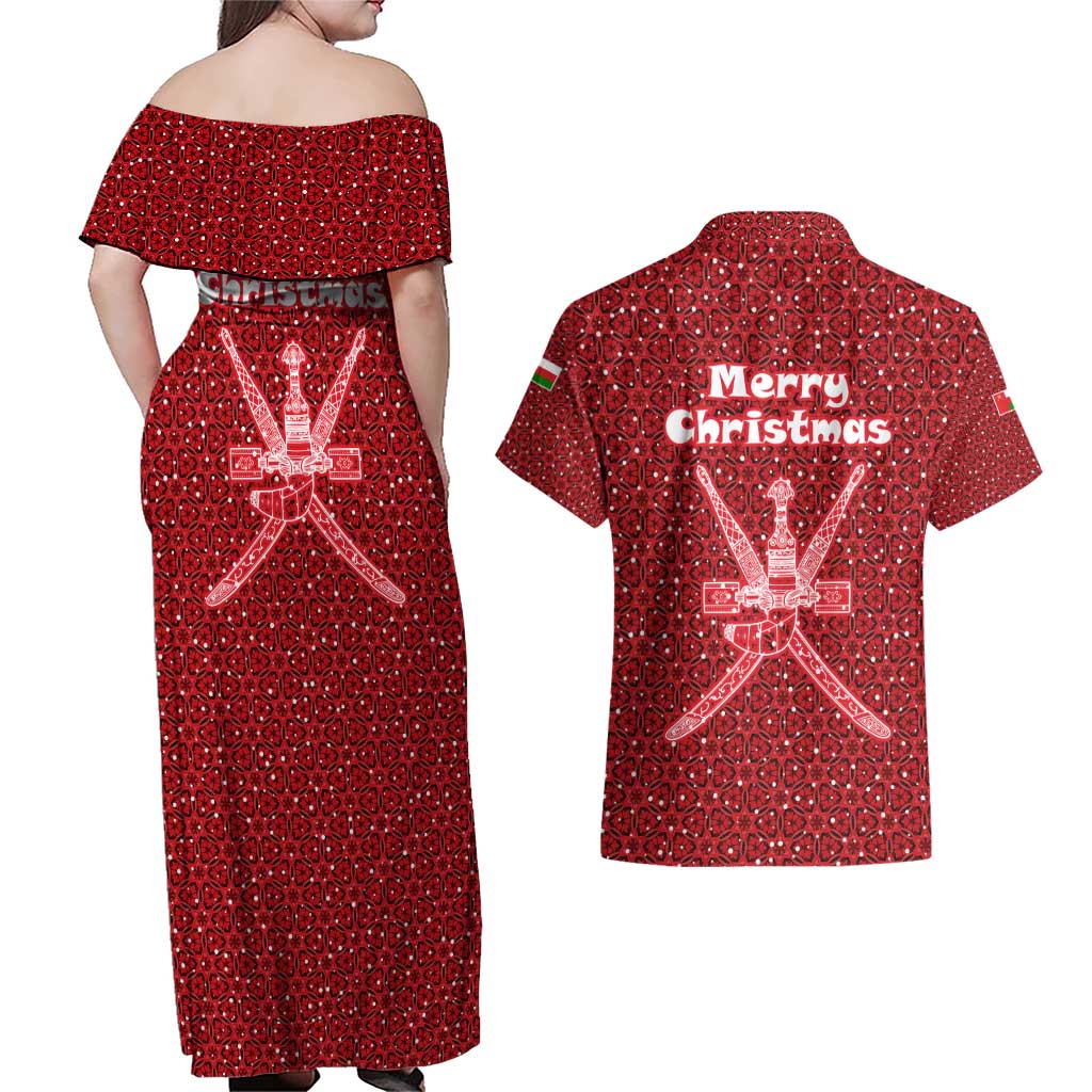 Oman Christmas Couples Matching Off Shoulder Maxi Dress and Hawaiian Shirt with Red Geometric Design, White Oryx, and National Emblem Motif - Wonder Print Shop