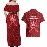 Oman Christmas Couples Matching Off Shoulder Maxi Dress and Hawaiian Shirt with Red Geometric Design, White Oryx, and National Emblem Motif - Wonder Print Shop