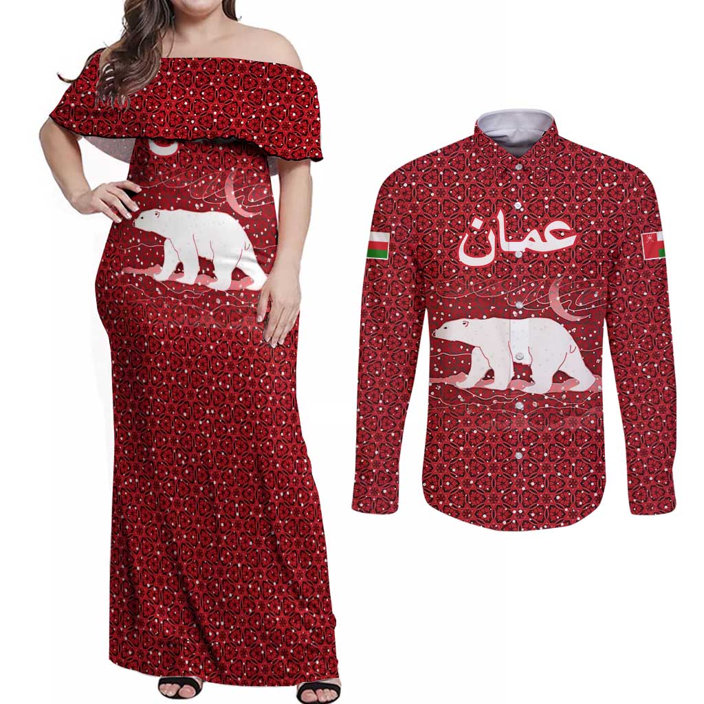 Oman Christmas Couples Matching Off Shoulder Maxi Dress and Long Sleeve Button Shirt with Red Geometric Design, White Oryx, and National Emblem Motif - Wonder Print Shop
