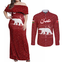 Oman Christmas Couples Matching Off Shoulder Maxi Dress and Long Sleeve Button Shirt with Red Geometric Design, White Oryx, and National Emblem Motif - Wonder Print Shop