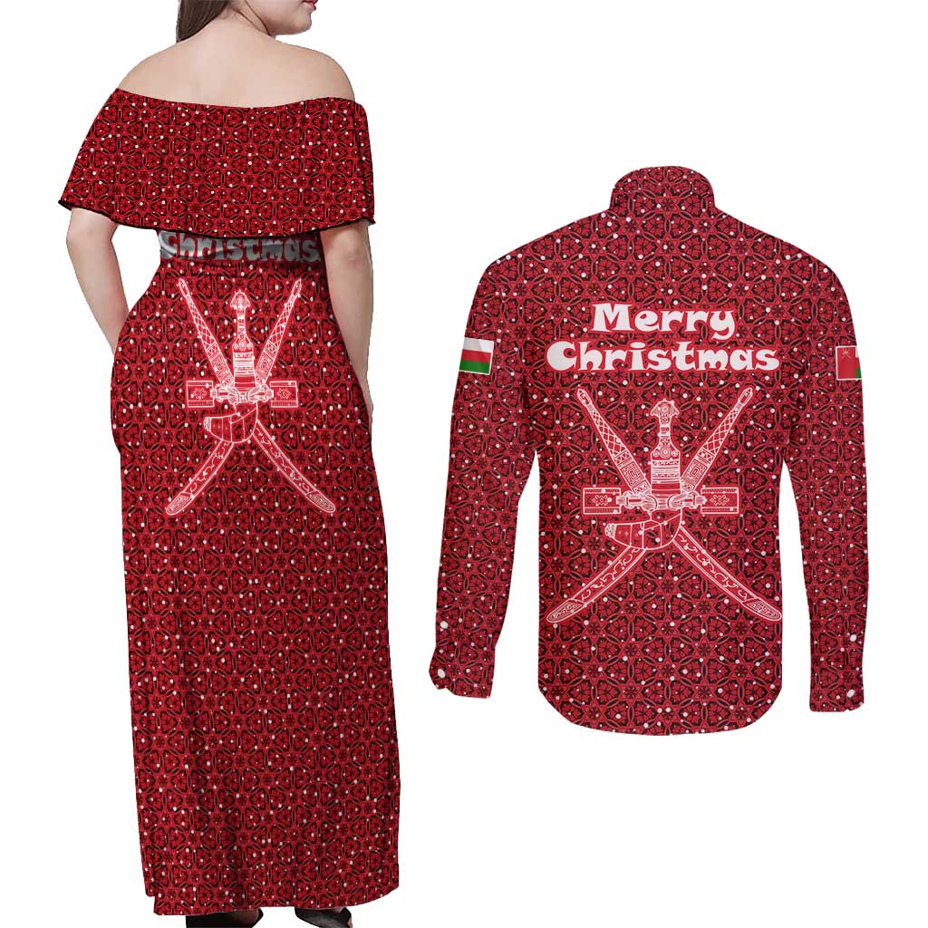 Oman Christmas Couples Matching Off Shoulder Maxi Dress and Long Sleeve Button Shirt with Red Geometric Design, White Oryx, and National Emblem Motif - Wonder Print Shop