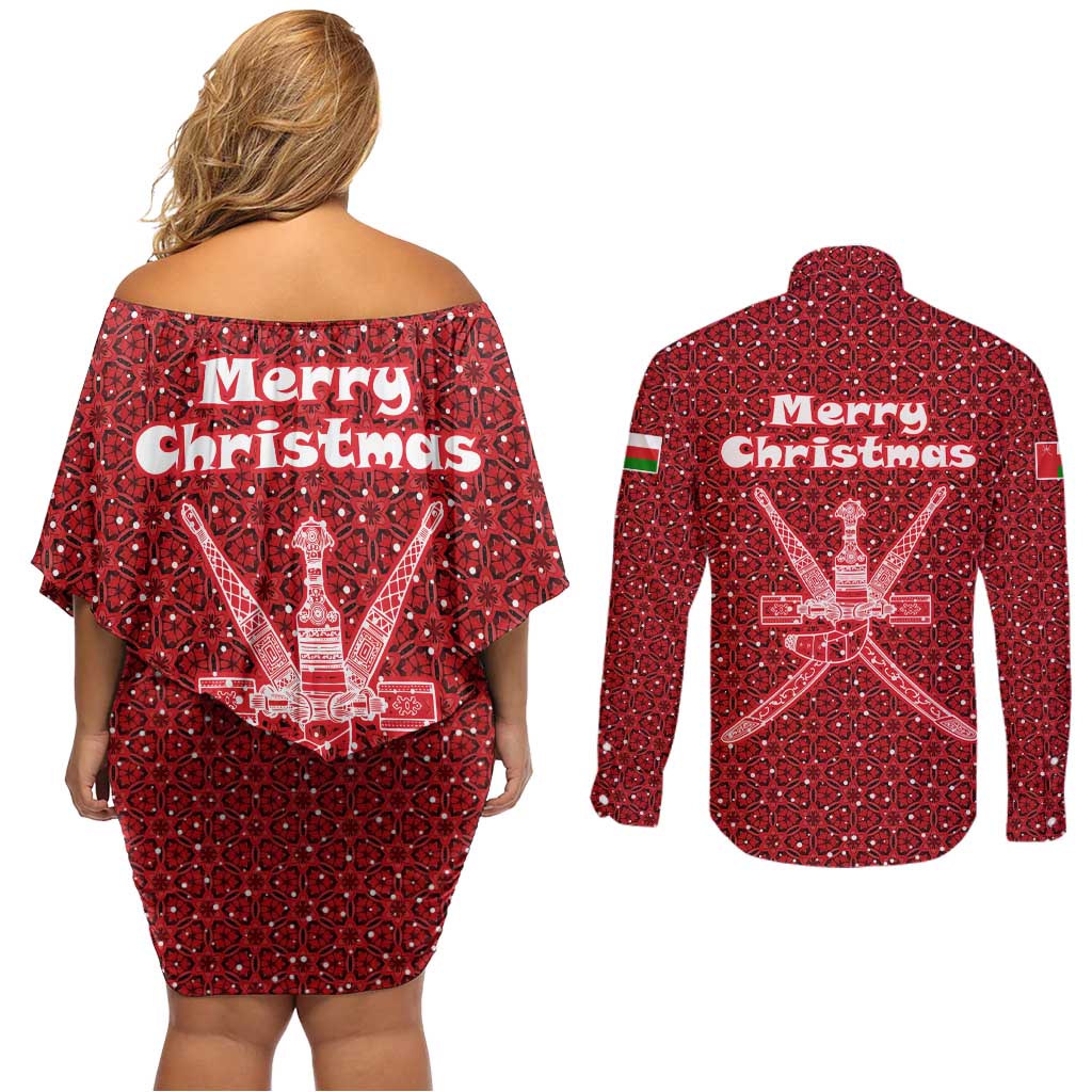 Oman Christmas Couples Matching Off Shoulder Short Dress and Long Sleeve Button Shirt with Red Geometric Design, White Oryx, and National Emblem Motif - Wonder Print Shop