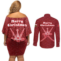 Oman Christmas Couples Matching Off Shoulder Short Dress and Long Sleeve Button Shirt with Red Geometric Design, White Oryx, and National Emblem Motif - Wonder Print Shop