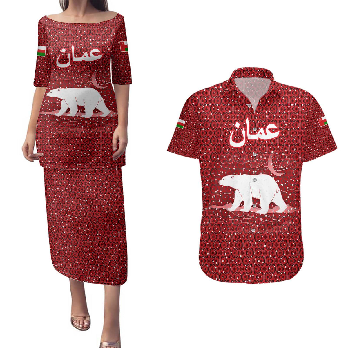 Oman Christmas Couples Matching Puletasi and Hawaiian Shirt with Red Geometric Design, White Oryx, and National Emblem Motif - Wonder Print Shop