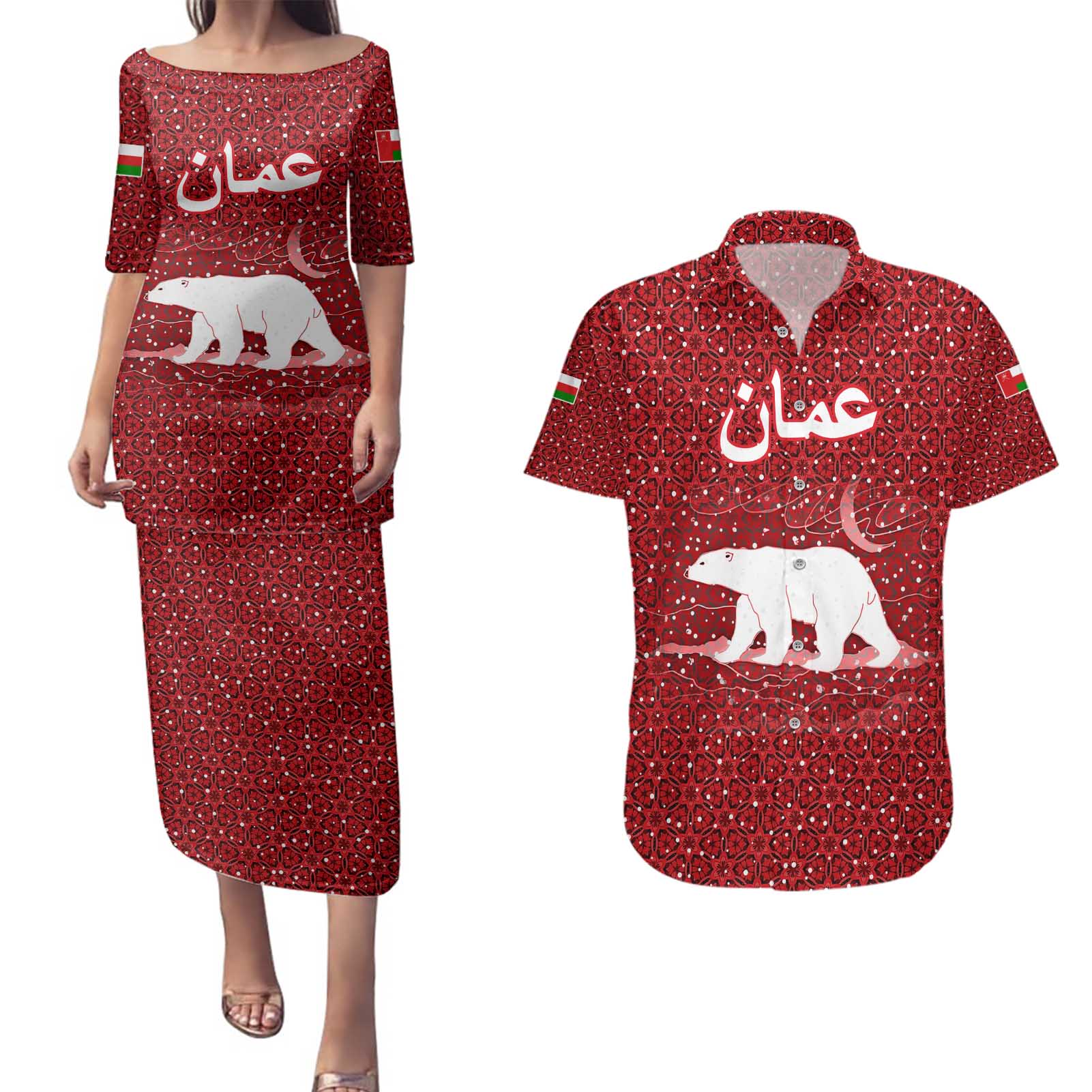Oman Christmas Couples Matching Puletasi and Hawaiian Shirt with Red Geometric Design, White Oryx, and National Emblem Motif - Wonder Print Shop