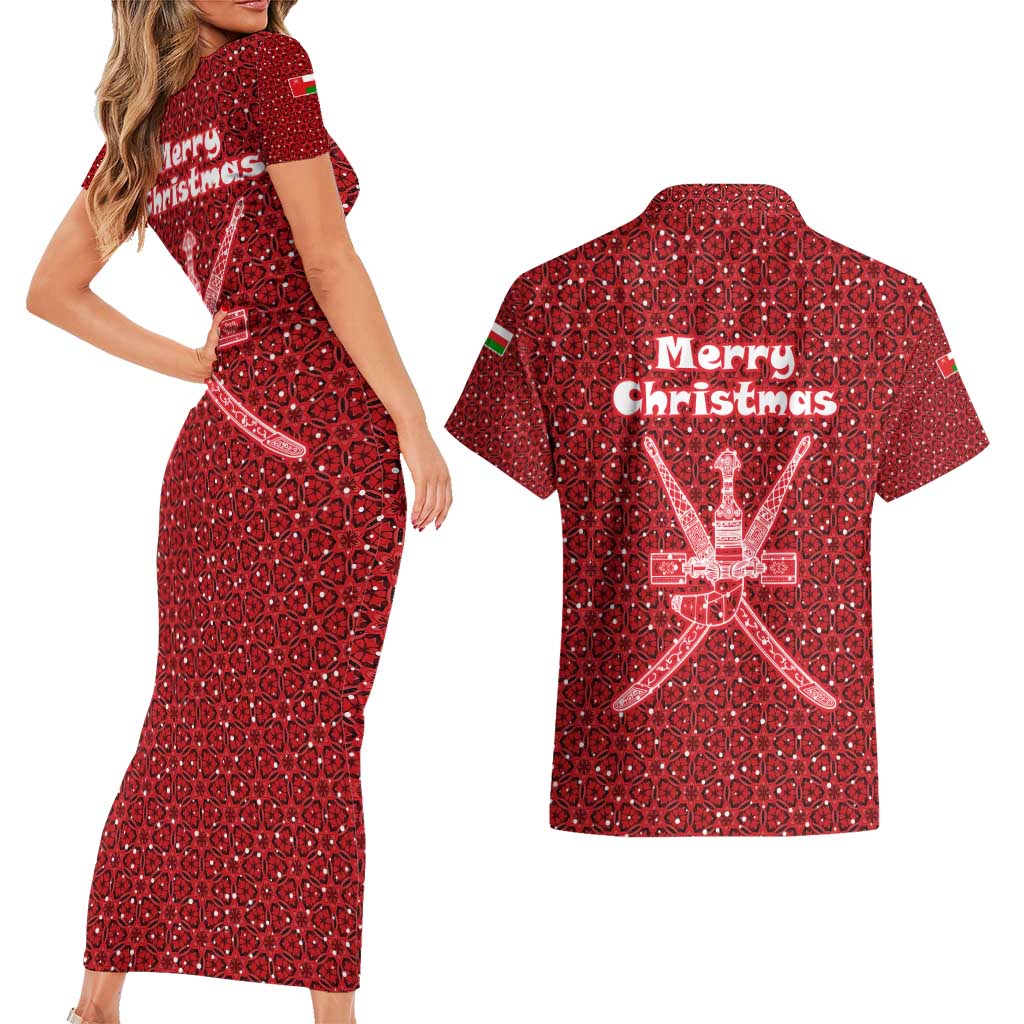 Oman Christmas Couples Matching Short Sleeve Bodycon Dress and Hawaiian Shirt with Red Geometric Design, White Oryx, and National Emblem Motif - Wonder Print Shop