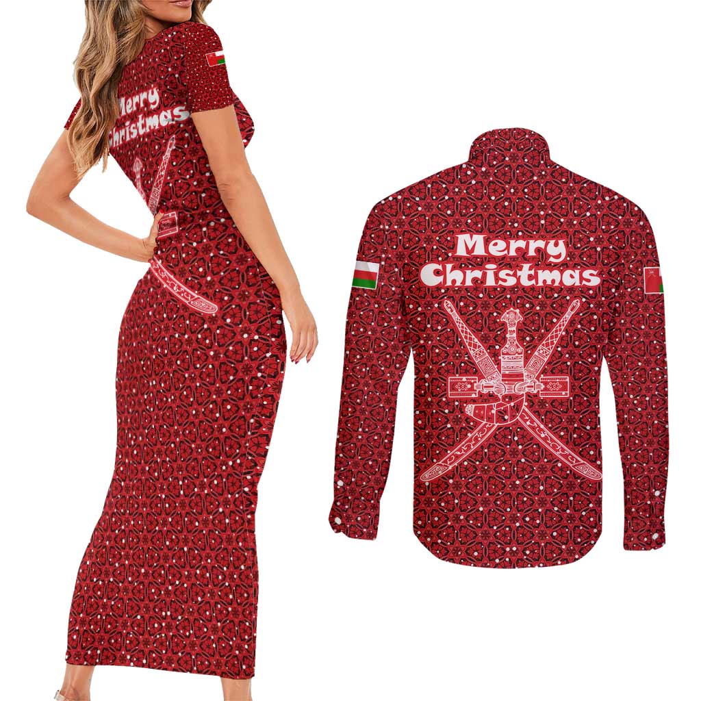 Oman Christmas Couples Matching Short Sleeve Bodycon Dress and Long Sleeve Button Shirt with Red Geometric Design, White Oryx, and National Emblem Motif - Wonder Print Shop