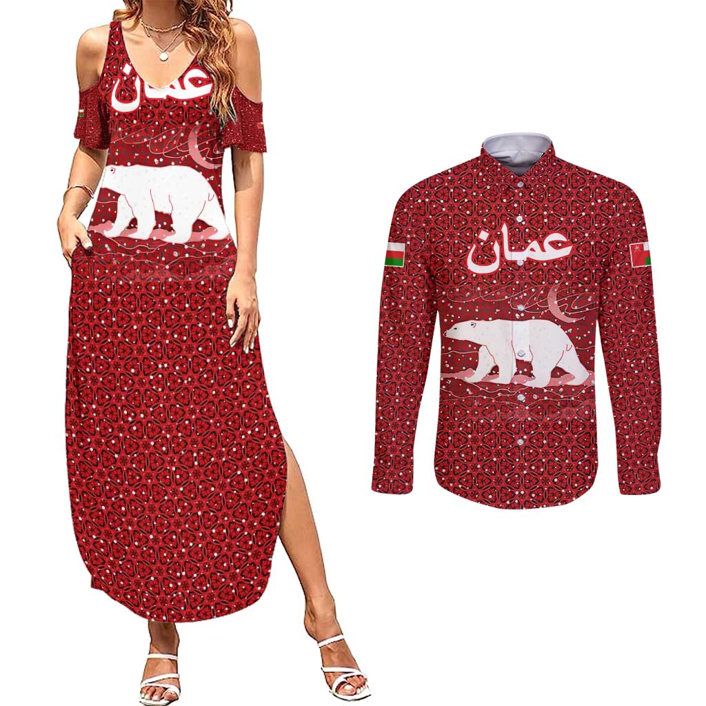 Oman Christmas Couples Matching Summer Maxi Dress and Long Sleeve Button Shirt with Red Geometric Design, White Oryx, and National Emblem Motif - Wonder Print Shop