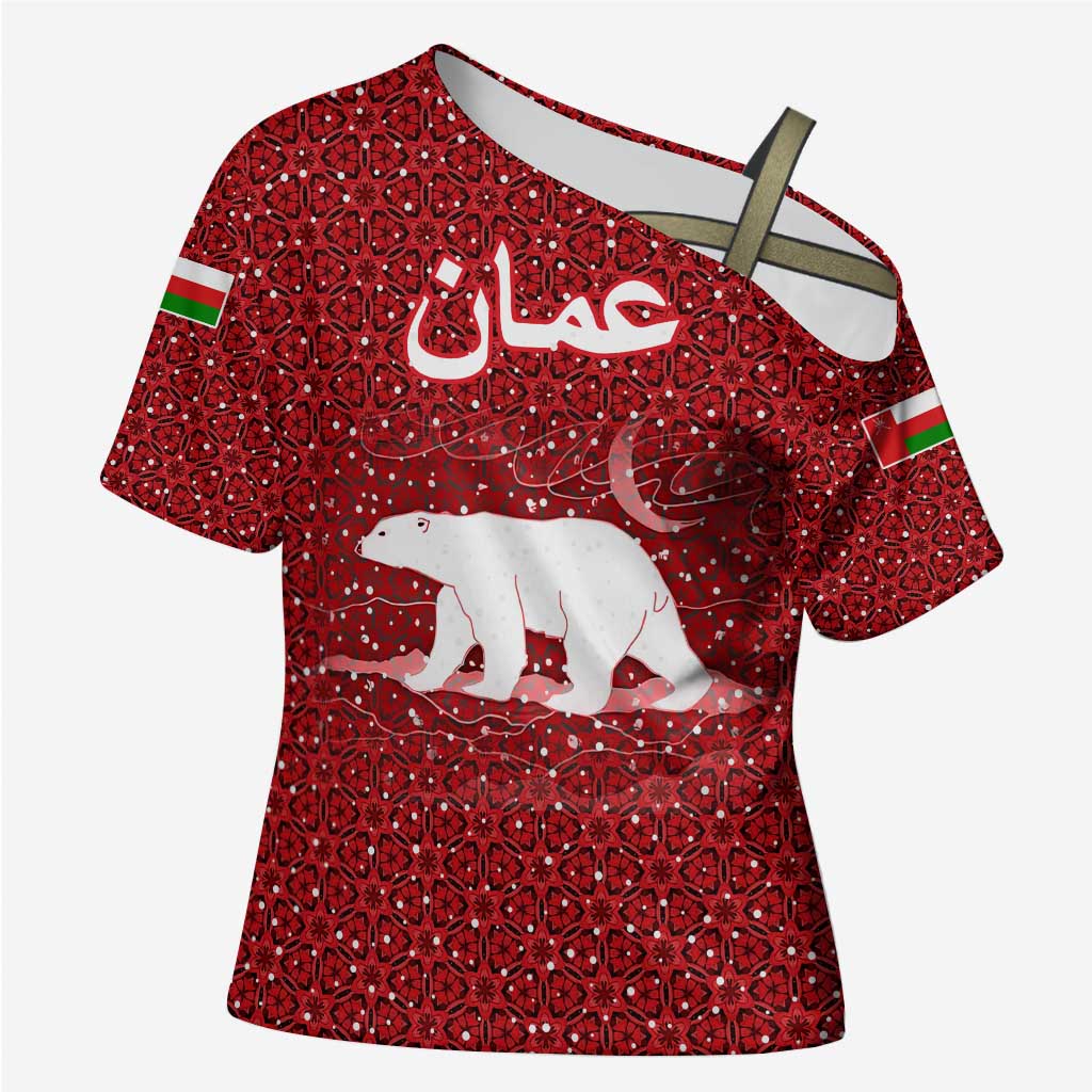 Oman Christmas Cross Shoulder Shirt with Red Geometric Design, White Oryx, and National Emblem Motif - Wonder Print Shop