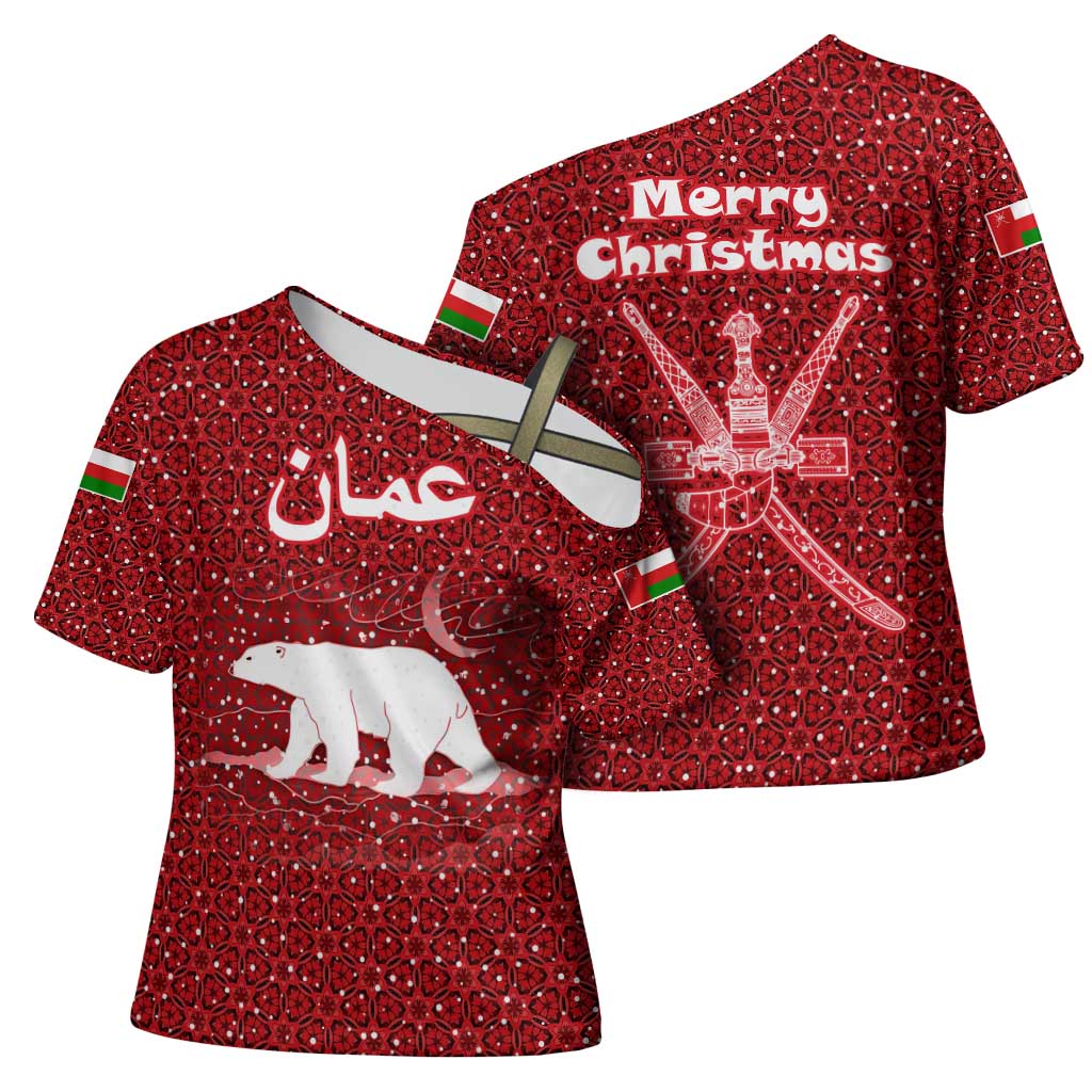 Oman Christmas Cross Shoulder Shirt with Red Geometric Design, White Oryx, and National Emblem Motif - Wonder Print Shop