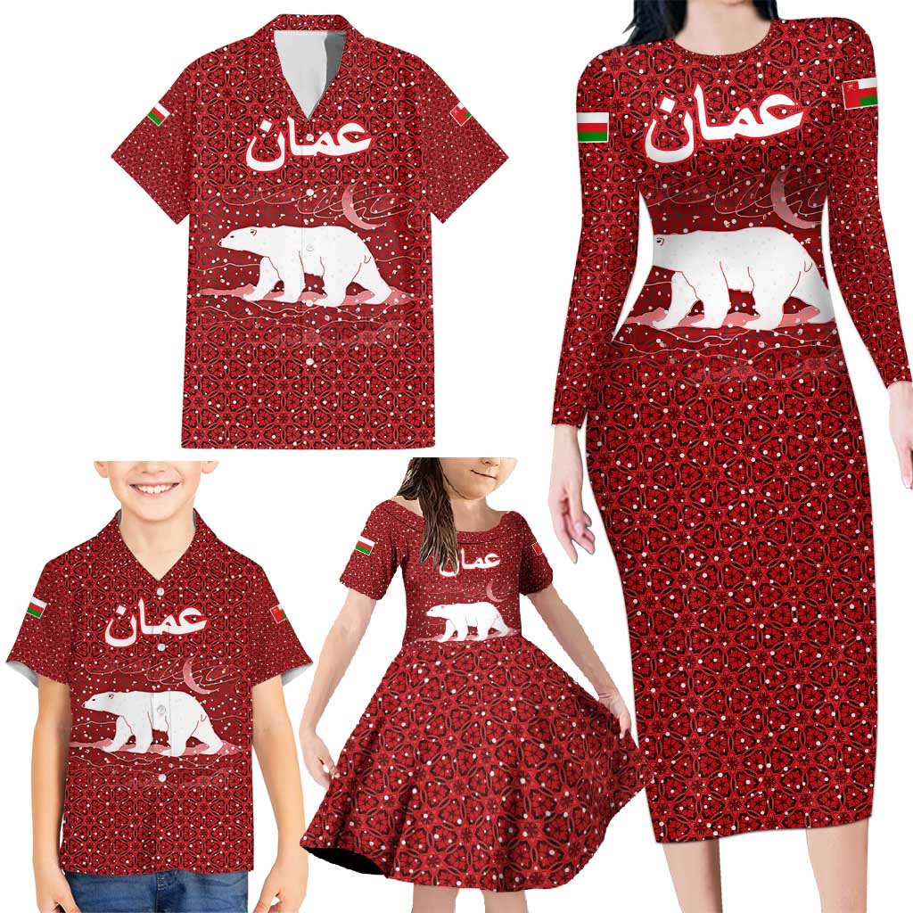 Oman Christmas Family Matching Long Sleeve Bodycon Dress and Hawaiian Shirt with Red Geometric Design, White Oryx, and National Emblem Motif - Wonder Print Shop