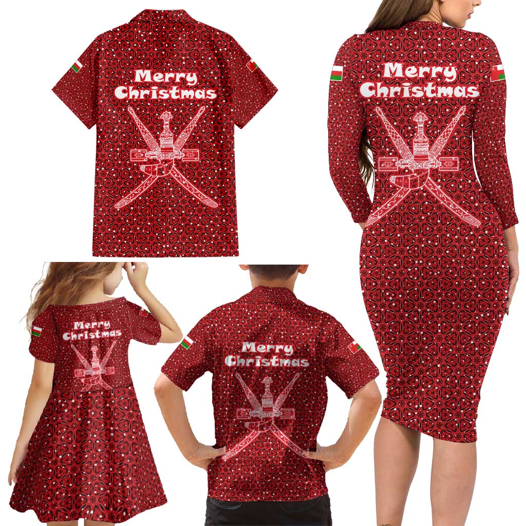 Oman Christmas Family Matching Long Sleeve Bodycon Dress and Hawaiian Shirt with Red Geometric Design, White Oryx, and National Emblem Motif - Wonder Print Shop