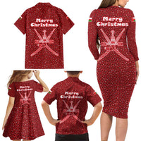 Oman Christmas Family Matching Long Sleeve Bodycon Dress and Hawaiian Shirt with Red Geometric Design, White Oryx, and National Emblem Motif - Wonder Print Shop