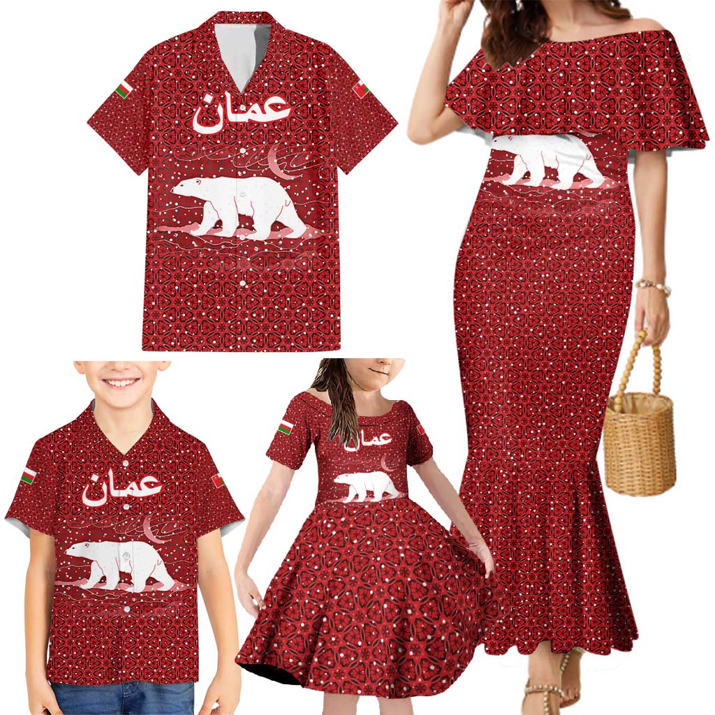 Oman Christmas Family Matching Mermaid Dress and Hawaiian Shirt with Red Geometric Design, White Oryx, and National Emblem Motif - Wonder Print Shop