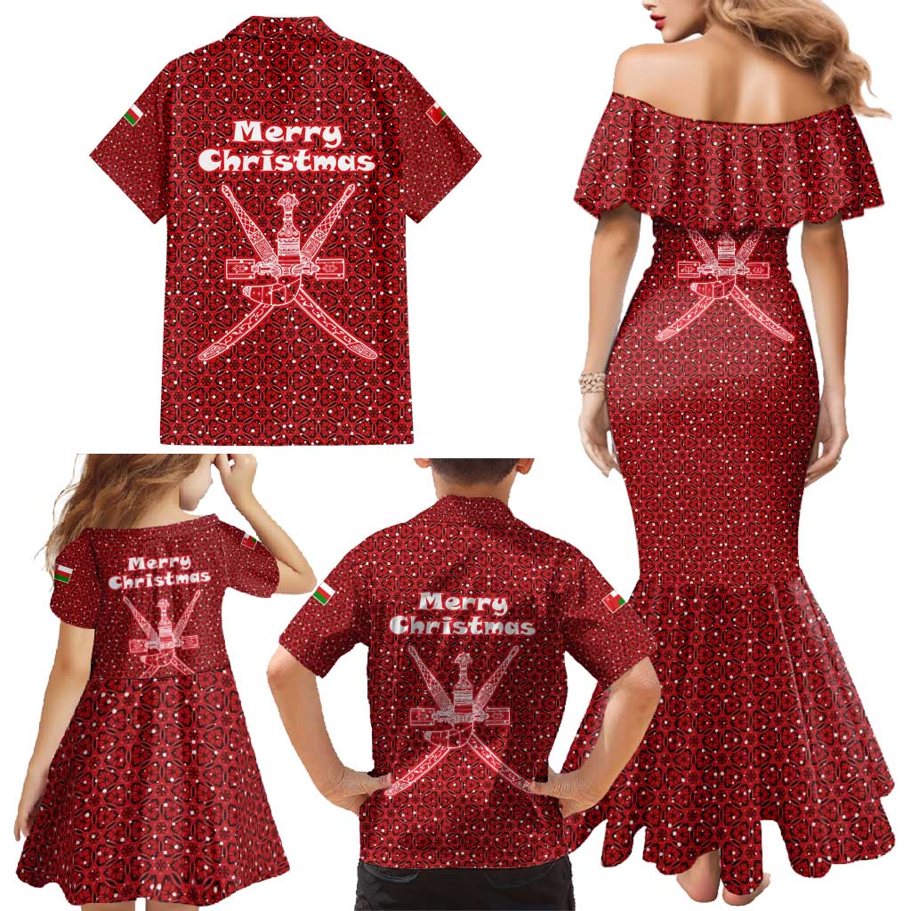 Oman Christmas Family Matching Mermaid Dress and Hawaiian Shirt with Red Geometric Design, White Oryx, and National Emblem Motif - Wonder Print Shop