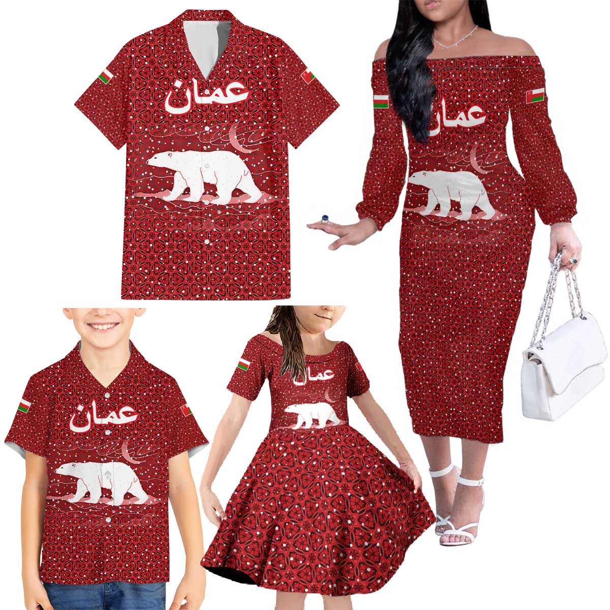 Oman Christmas Family Matching Off The Shoulder Long Sleeve Dress and Hawaiian Shirt with Red Geometric Design, White Oryx, and National Emblem Motif - Wonder Print Shop