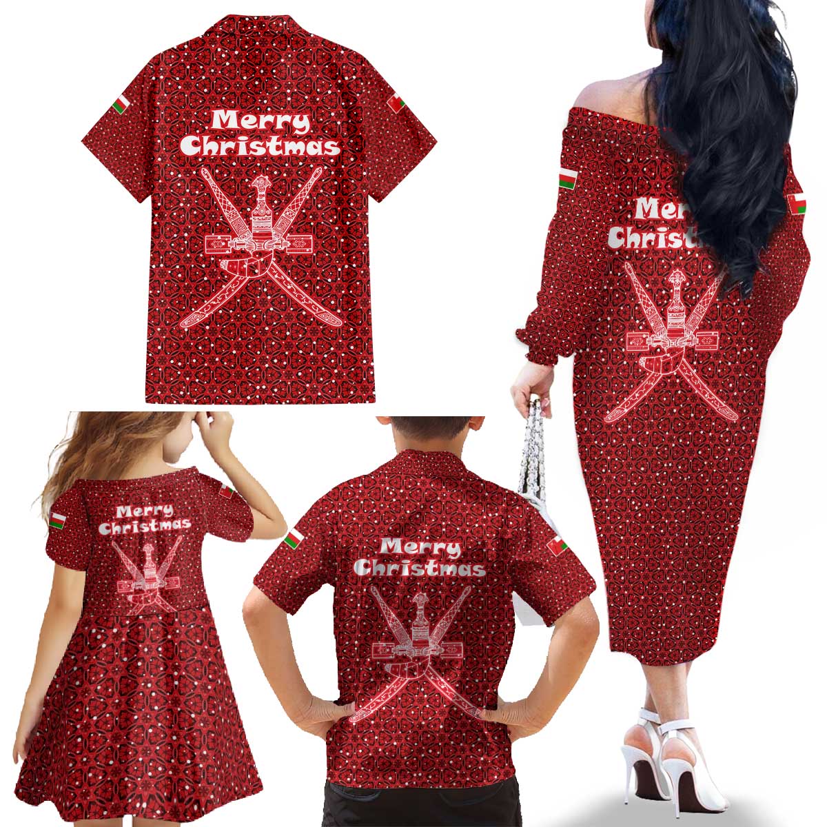 Oman Christmas Family Matching Off The Shoulder Long Sleeve Dress and Hawaiian Shirt with Red Geometric Design, White Oryx, and National Emblem Motif - Wonder Print Shop