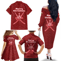 Oman Christmas Family Matching Off The Shoulder Long Sleeve Dress and Hawaiian Shirt with Red Geometric Design, White Oryx, and National Emblem Motif - Wonder Print Shop