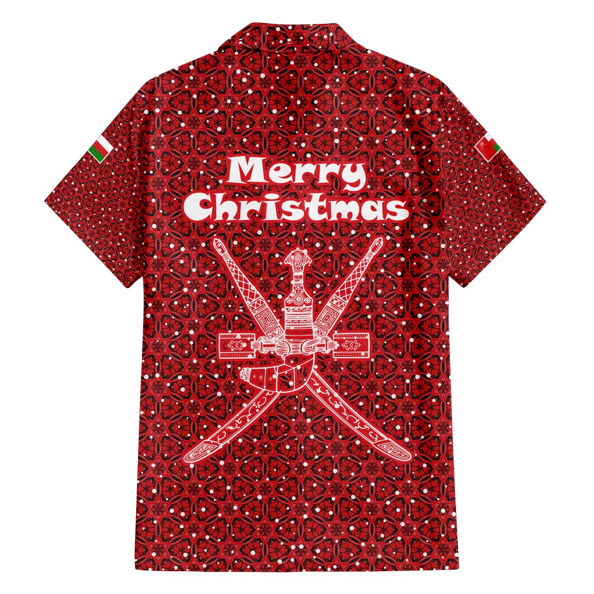 Oman Christmas Family Matching Off The Shoulder Long Sleeve Dress and Hawaiian Shirt with Red Geometric Design, White Oryx, and National Emblem Motif - Wonder Print Shop