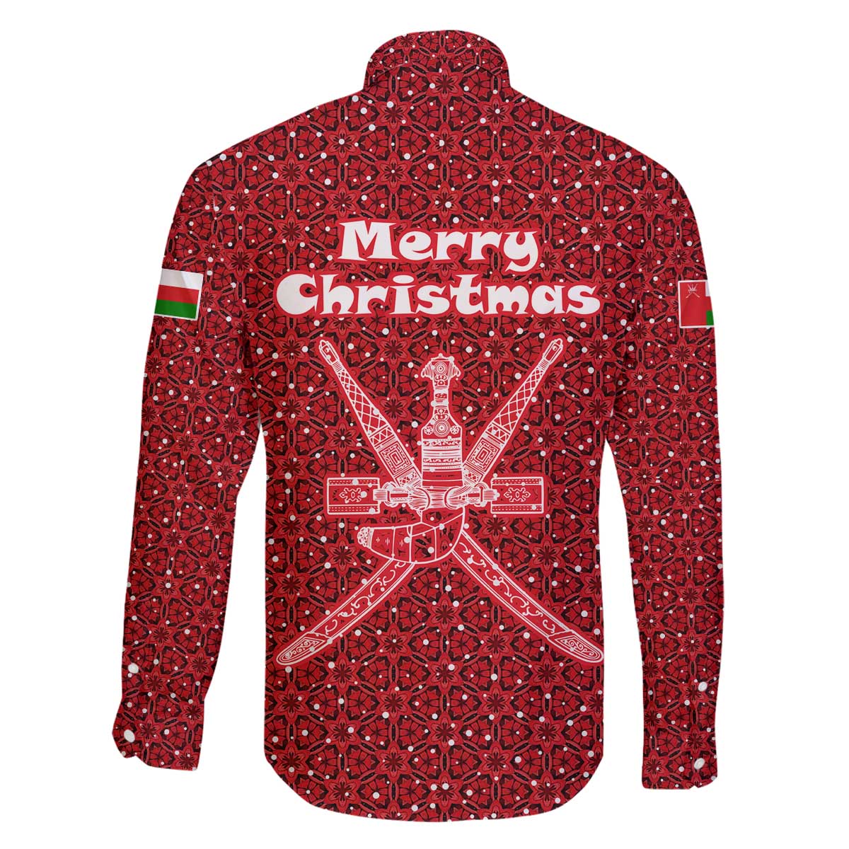 Oman Christmas Family Matching Off The Shoulder Long Sleeve Dress and Hawaiian Shirt with Red Geometric Design, White Oryx, and National Emblem Motif - Wonder Print Shop