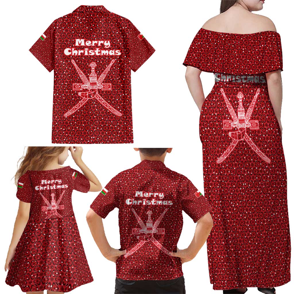 Oman Christmas Family Matching Off Shoulder Maxi Dress and Hawaiian Shirt with Red Geometric Design, White Oryx, and National Emblem Motif - Wonder Print Shop