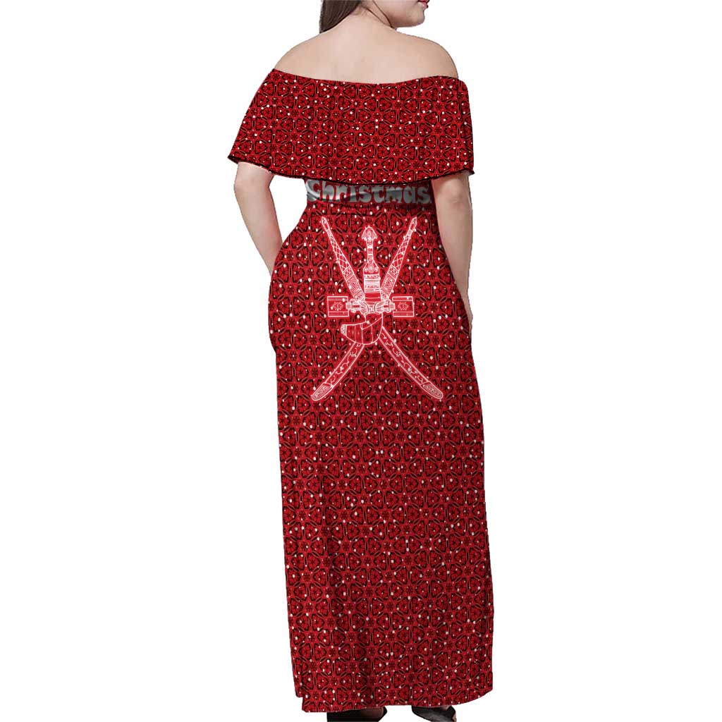 Oman Christmas Family Matching Off Shoulder Maxi Dress and Hawaiian Shirt with Red Geometric Design, White Oryx, and National Emblem Motif - Wonder Print Shop