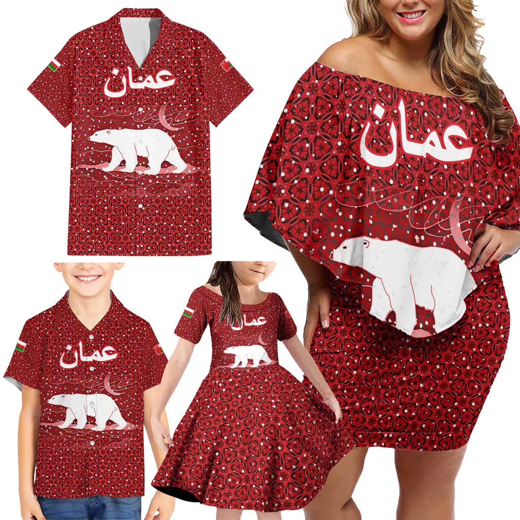 Oman Christmas Family Matching Off Shoulder Short Dress and Hawaiian Shirt with Red Geometric Design, White Oryx, and National Emblem Motif - Wonder Print Shop