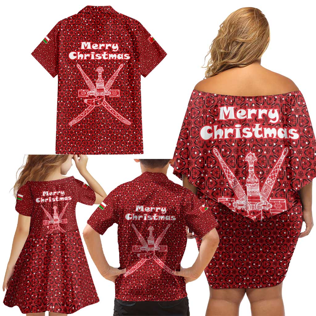 Oman Christmas Family Matching Off Shoulder Short Dress and Hawaiian Shirt with Red Geometric Design, White Oryx, and National Emblem Motif - Wonder Print Shop