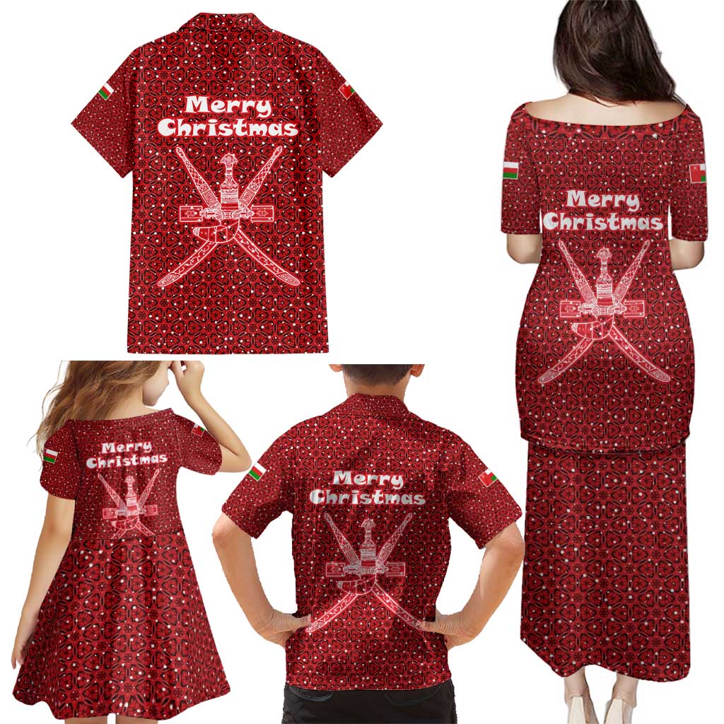 Oman Christmas Family Matching Puletasi and Hawaiian Shirt with Red Geometric Design, White Oryx, and National Emblem Motif - Wonder Print Shop