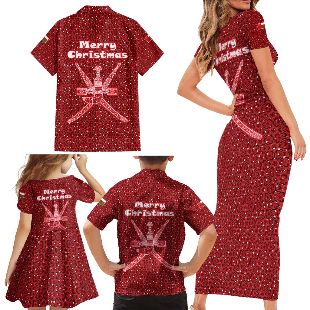 Oman Christmas Family Matching Short Sleeve Bodycon Dress and Hawaiian Shirt with Red Geometric Design, White Oryx, and National Emblem Motif - Wonder Print Shop