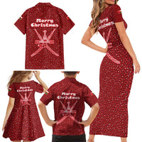Oman Christmas Family Matching Short Sleeve Bodycon Dress and Hawaiian Shirt with Red Geometric Design, White Oryx, and National Emblem Motif - Wonder Print Shop