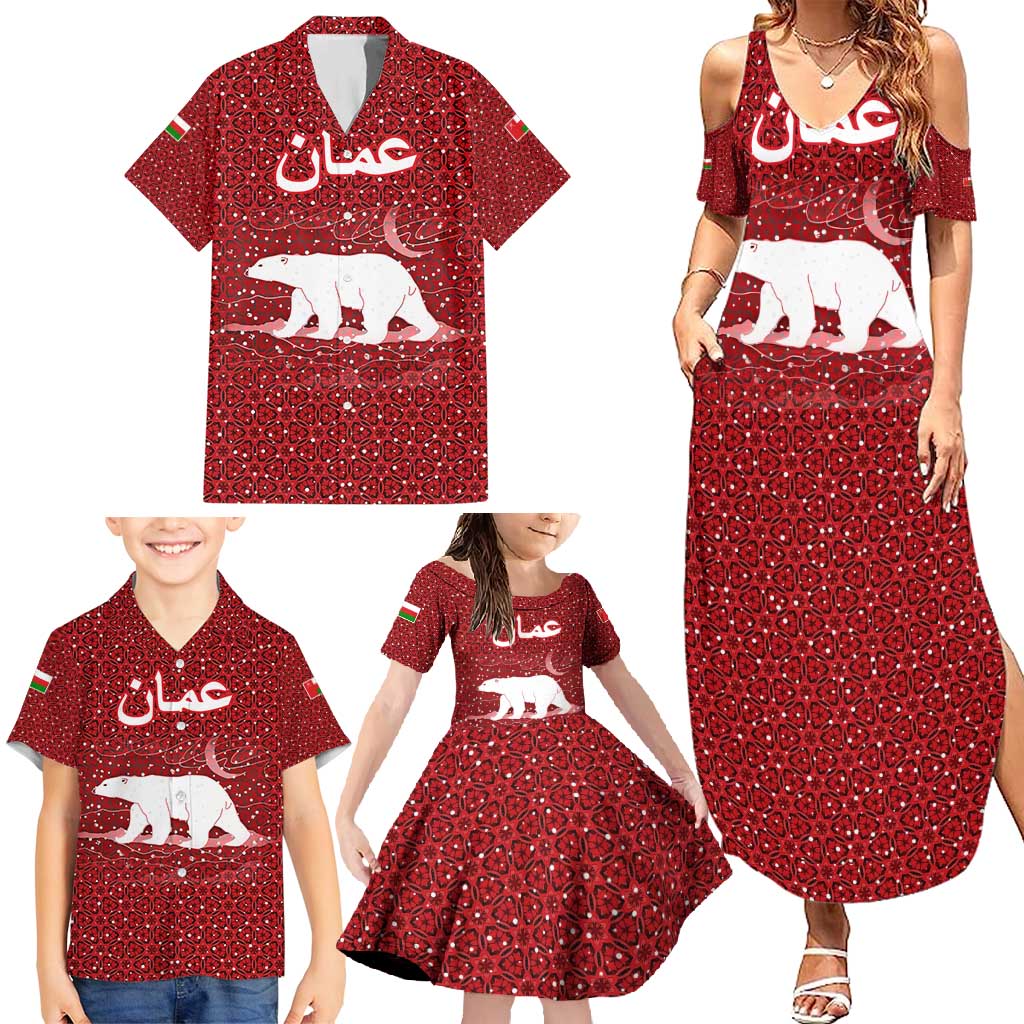 Oman Christmas Family Matching Summer Maxi Dress and Hawaiian Shirt with Red Geometric Design, White Oryx, and National Emblem Motif - Wonder Print Shop