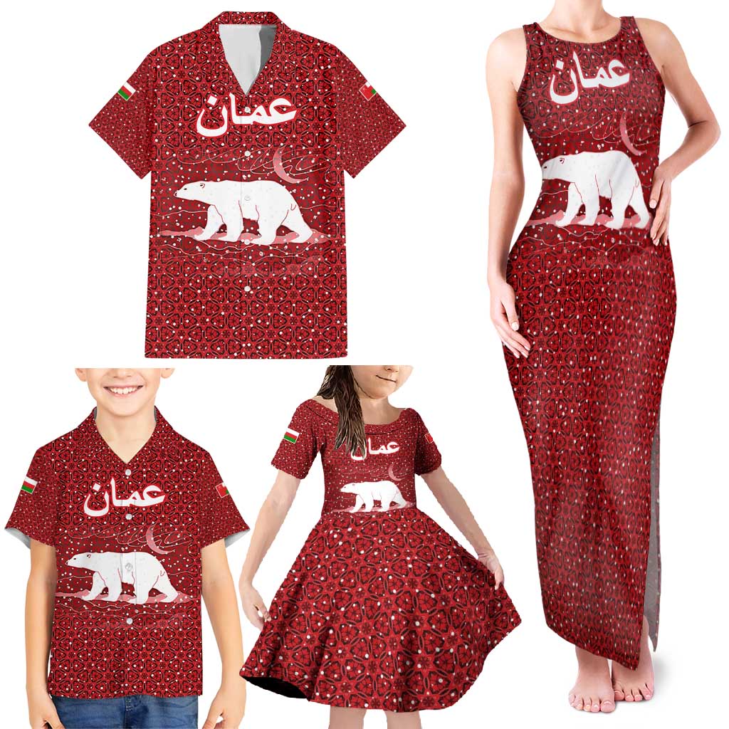 Oman Christmas Family Matching Tank Maxi Dress and Hawaiian Shirt with Red Geometric Design, White Oryx, and National Emblem Motif - Wonder Print Shop