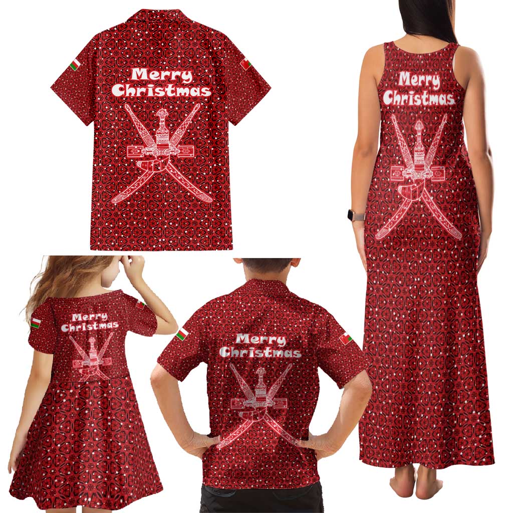 Oman Christmas Family Matching Tank Maxi Dress and Hawaiian Shirt with Red Geometric Design, White Oryx, and National Emblem Motif - Wonder Print Shop