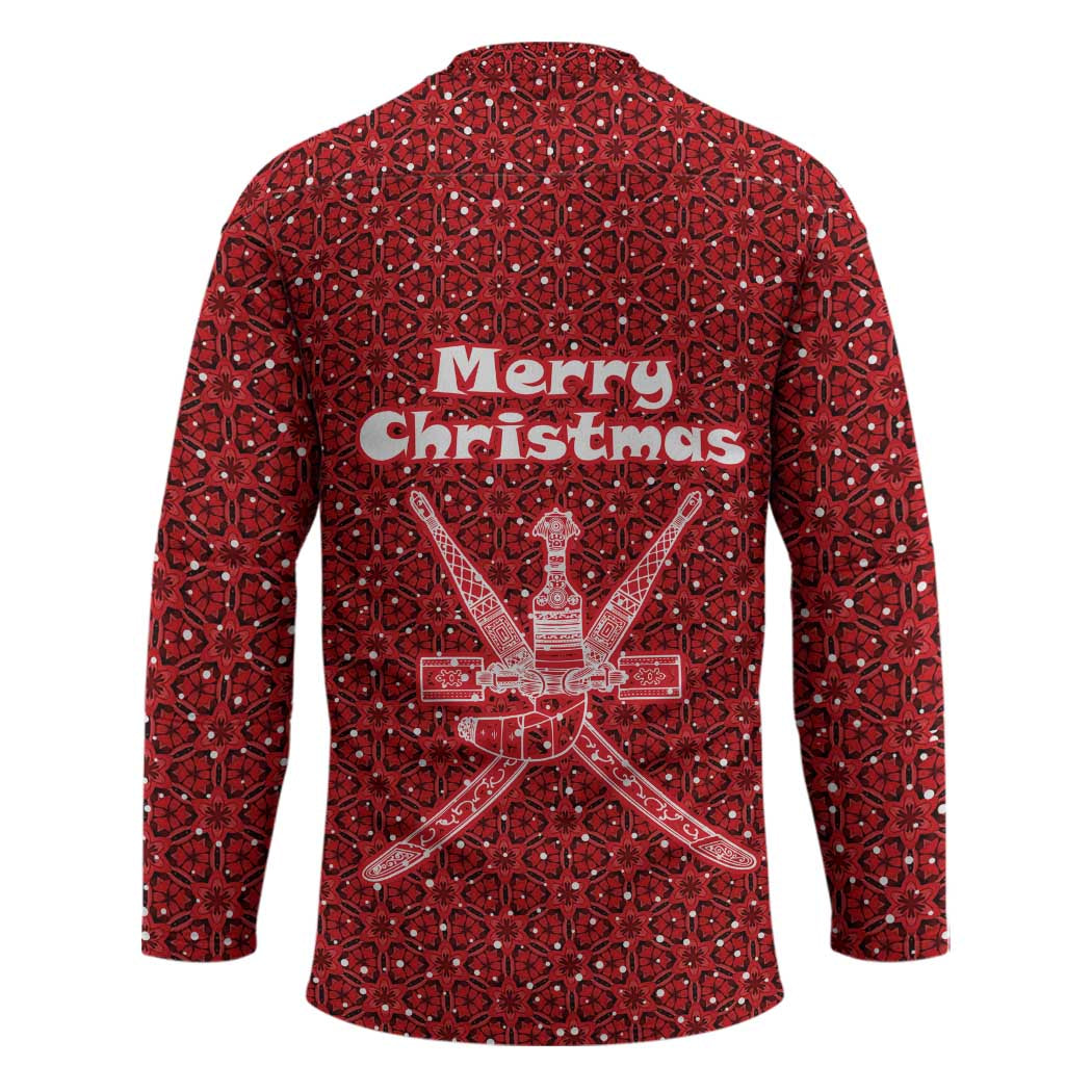 Oman Christmas Hockey Jersey with Red Geometric Design, White Oryx, and National Emblem Motif - Wonder Print Shop